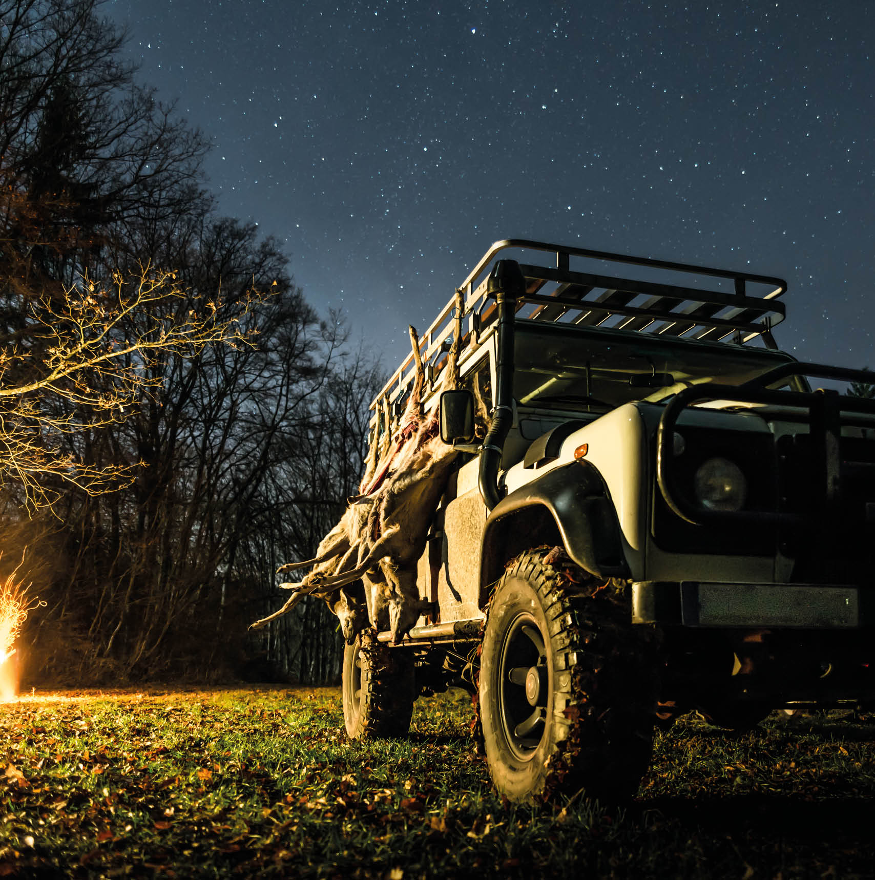 Hunting stretch with roe deer hanging on a off road vehicle