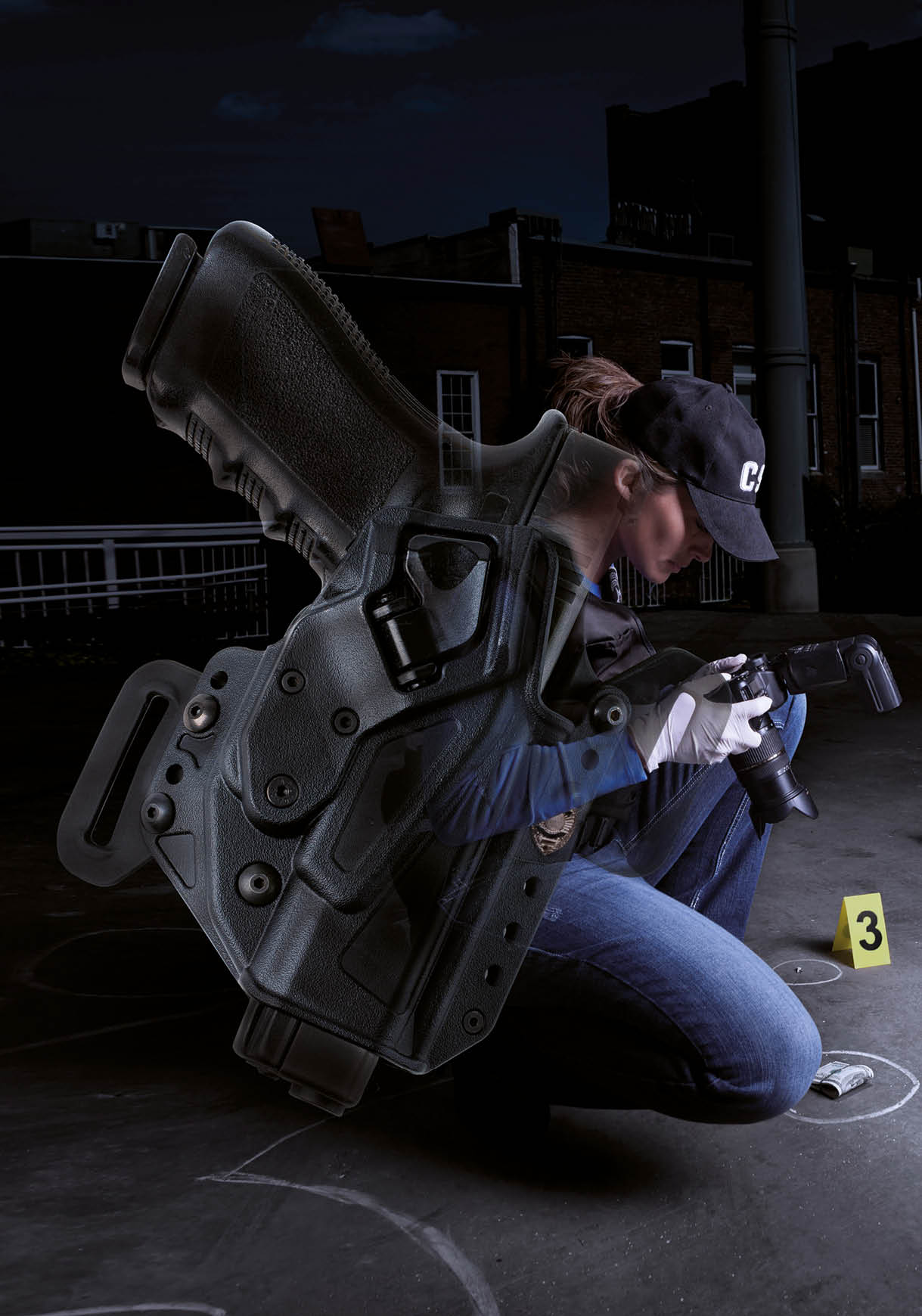 A female crime scene investigator (CSI) with evidence, camera and markers.