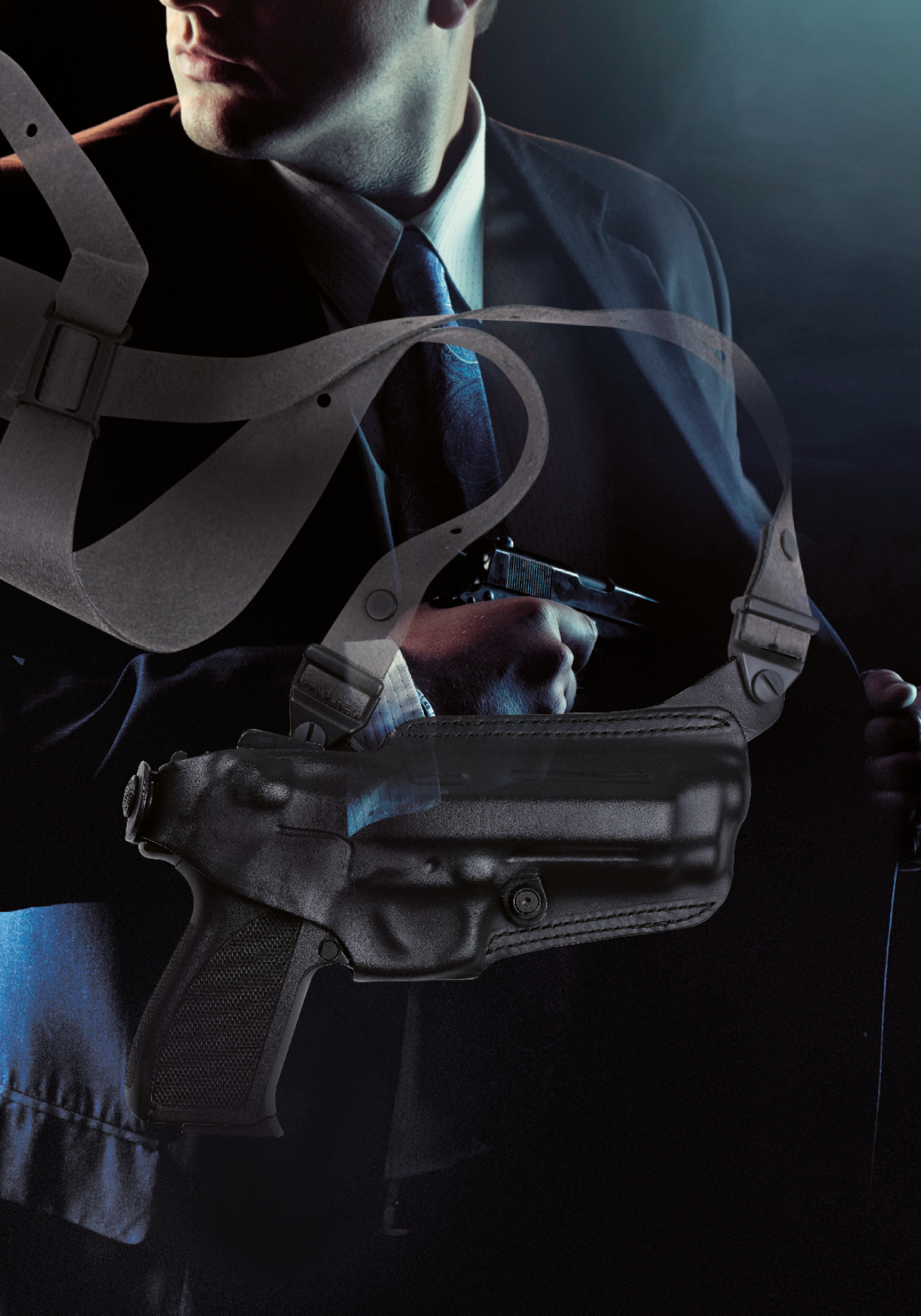 A confident, well-dressed male agent reaches into his coat and pulls out a handgun while looking over his shoulder, partially hidden in darkness. Bright street/stage lights glow behind him creating a high contrast profile. Vertical with copy space.