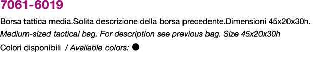 7061 6019 Borsa tattica media.Solita descrizione della borsa precedente.Dimensioni 45x20x30h. Medium sized tactical b...