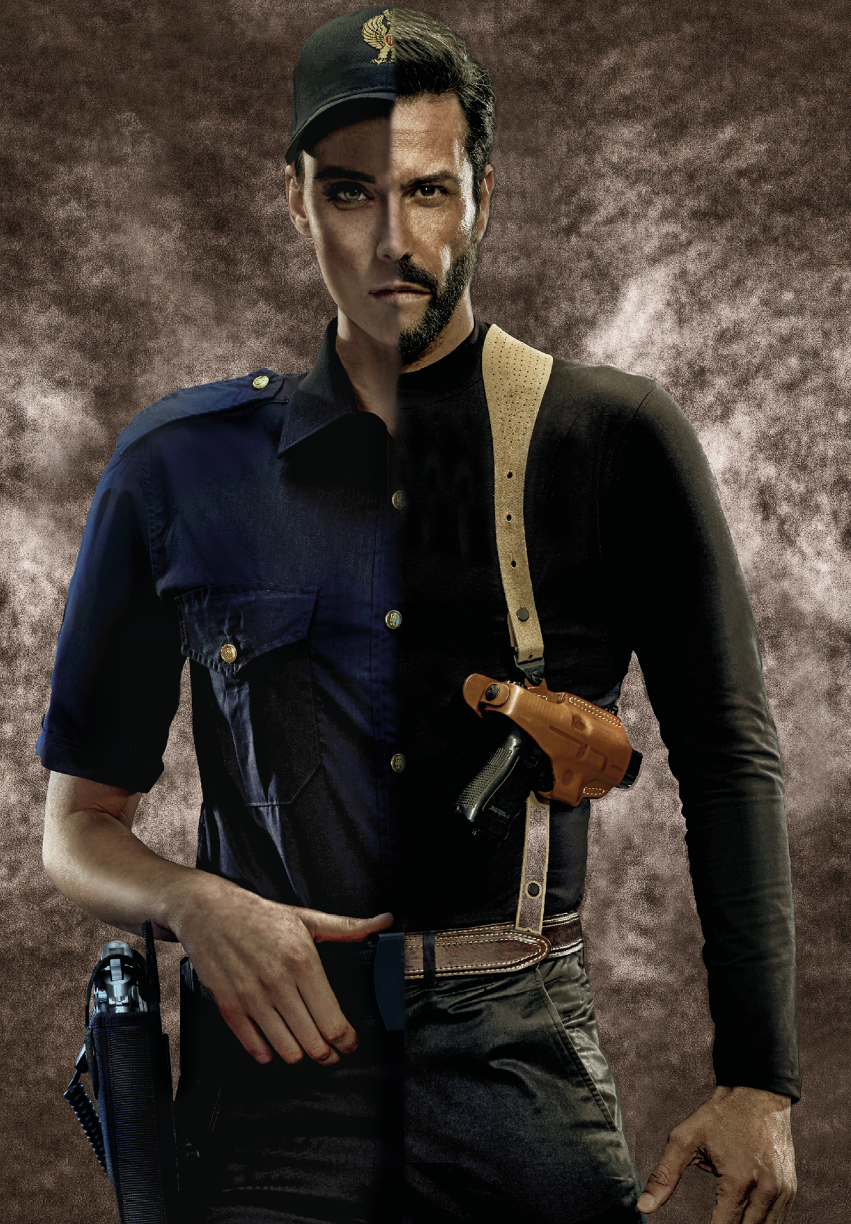 Army soldier in Combat Uniforms with assault rifle, plate carrier and combat helmet are on, Shemagh Kufiya scarf on his neck. Studio shot, dark background